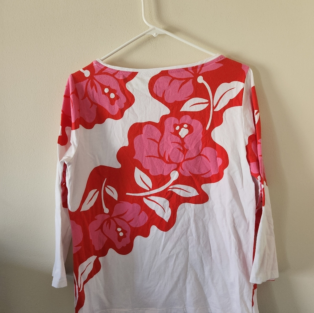 Talbots Pink And White Hawaiian 3/4 Sleeve Top - Picture 4 of 5